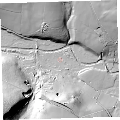 Shaded relief map of the ground around PL207RY, computed from Environment Agency LiDAR. The ground here sits at about 76 m above sea level and falls 93 m across the surrounding 800 m. Surface water reaching this point runs off ground lying to the south, 52.5 m higher.