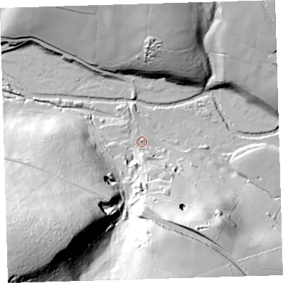 Shaded relief map of the ground around PL207RZ, computed from Environment Agency LiDAR. The ground here sits at about 79 m above sea level and falls 105 m across the surrounding 800 m. Surface water reaching this point runs off ground lying to the south, 14.5 m higher.