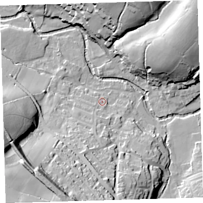 Shaded relief map of the ground around PL207SG, computed from Environment Agency LiDAR. The ground here sits at about 86 m above sea level and falls 71 m across the surrounding 800 m. Surface water reaching this point runs off ground lying to the south-south-west, 25.5 m higher.
