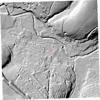 Shaded relief map of the ground around PL207SL, computed from Environment Agency LiDAR. The ground here sits at about 84 m above sea level and falls 68 m across the surrounding 800 m. Surface water reaching this point runs off ground lying to the south-south-west, 17.9 m higher.