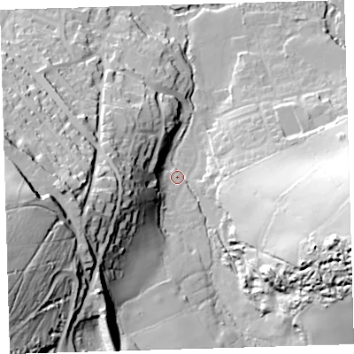 Shaded relief map of the ground around PL207SN, computed from Environment Agency LiDAR. The ground here sits at about 93 m above sea level and falls 76 m across the surrounding 800 m. Surface water reaching this point runs off ground lying to the south-west, 66.6 m higher.