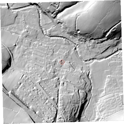 Shaded relief map of the ground around PL207SS, computed from Environment Agency LiDAR. The ground here sits at about 88 m above sea level and falls 74 m across the surrounding 800 m. Surface water reaching this point runs off ground lying to the south-south-west, 45.6 m higher.