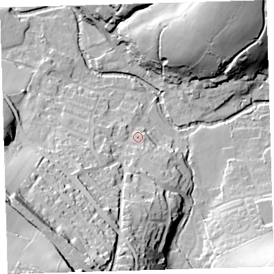 Shaded relief map of the ground around PL207ST, computed from Environment Agency LiDAR. The ground here sits at about 89 m above sea level and falls 75 m across the surrounding 800 m. Surface water reaching this point runs off ground lying to the south-south-west, 47.7 m higher.