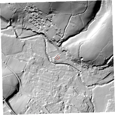 Shaded relief map of the ground around PL207SW, computed from Environment Agency LiDAR. The ground here sits at about 83 m above sea level and falls 67 m across the surrounding 800 m. Surface water reaching this point runs off ground lying to the north-north-east, 61.0 m higher.