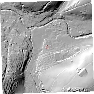 Shaded relief map of the ground around PL207TB, computed from Environment Agency LiDAR. The ground here sits at about 91 m above sea level and falls 64 m across the surrounding 800 m. Surface water reaching this point runs off ground lying to the south-east, 51.4 m higher.