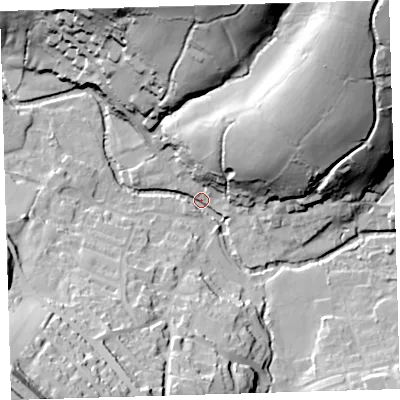 Shaded relief map of the ground around PL207TN, computed from Environment Agency LiDAR. The ground here sits at about 83 m above sea level and falls 62 m across the surrounding 800 m. Surface water reaching this point runs off ground lying to the north-east, 58.2 m higher.