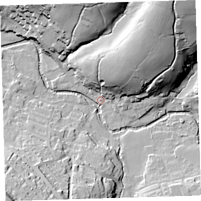 Shaded relief map of the ground around PL207TP, computed from Environment Agency LiDAR. The ground here sits at about 84 m above sea level and falls 61 m across the surrounding 800 m. Surface water reaching this point runs off ground lying to the north-east, 55.8 m higher.