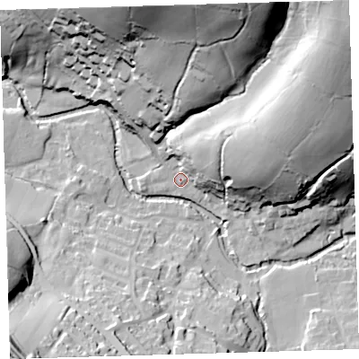 Shaded relief map of the ground around PL207TS, computed from Environment Agency LiDAR. The ground here sits at about 84 m above sea level and falls 66 m across the surrounding 800 m. Surface water reaching this point runs off ground lying to the north-east, 22.3 m higher.