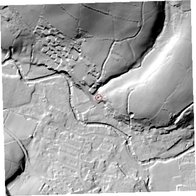 Shaded relief map of the ground around PL207TT, computed from Environment Agency LiDAR. The ground here sits at about 86 m above sea level and falls 76 m across the surrounding 800 m. Surface water reaching this point runs off ground lying to the north-north-east, 67.3 m higher.