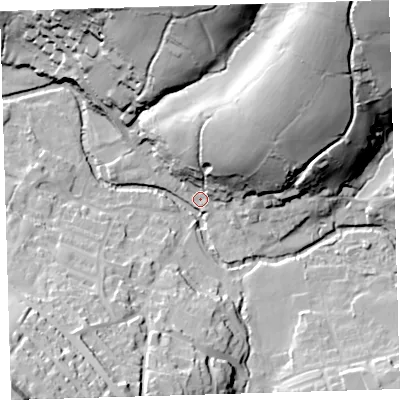 Shaded relief map of the ground around PL207TW, computed from Environment Agency LiDAR. The ground here sits at about 84 m above sea level and falls 62 m across the surrounding 800 m. Surface water reaching this point runs off ground lying to the north-east, 57.9 m higher.