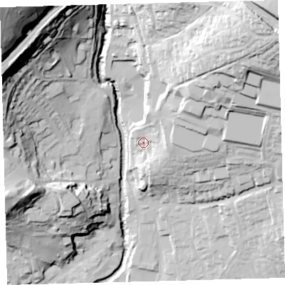 Shaded relief map of the ground around PL210AW, computed from Environment Agency LiDAR. The ground here sits at about 74 m above sea level and falls 101 m across the surrounding 800 m. Surface water reaching this point runs off ground lying to the north-east, 23.5 m higher.