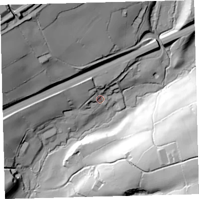 Shaded relief map of the ground around PL210DS, computed from Environment Agency LiDAR. The ground here sits at about 75 m above sea level and falls 76 m across the surrounding 800 m. Surface water reaching this point runs off ground lying to the north-north-west, 14.2 m higher.