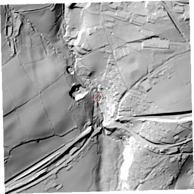 Shaded relief map of the ground around PL210EA, computed from Environment Agency LiDAR. The ground here sits at about 125 m above sea level and falls 114 m across the surrounding 800 m. Surface water reaching this point runs off ground lying to the north-west, 84.8 m higher.