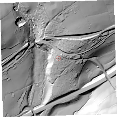 Shaded relief map of the ground around PL210ER, computed from Environment Agency LiDAR. The ground here sits at about 127 m above sea level and falls 91 m across the surrounding 800 m. Surface water reaching this point runs off ground lying to the north-east, 5.8 m higher.