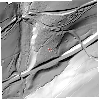 Shaded relief map of the ground around PL210ET, computed from Environment Agency LiDAR. The ground here sits at about 110 m above sea level and falls 87 m across the surrounding 800 m. Surface water reaching this point runs off ground lying to the north, 10.3 m higher.