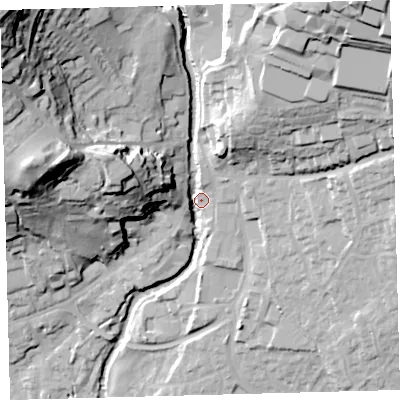 Shaded relief map of the ground around PL210FN, computed from Environment Agency LiDAR. The ground here sits at about 60 m above sea level and falls 73 m across the surrounding 800 m. Surface water reaching this point runs off ground lying to the north-west, 63.8 m higher.