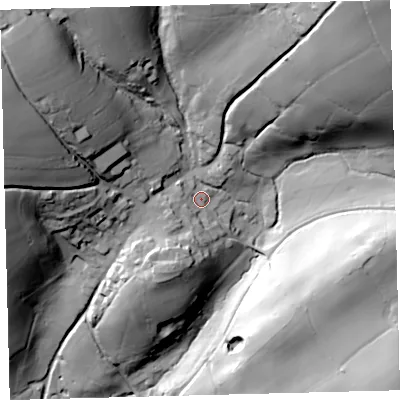 Shaded relief map of the ground around PL210FP, computed from Environment Agency LiDAR. The ground here sits at about 100 m above sea level and falls 82 m across the surrounding 800 m. Surface water reaching this point runs off ground lying to the west-south-west, 8.3 m higher.