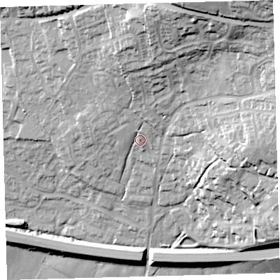 Shaded relief map of the ground around PL210GA, computed from Environment Agency LiDAR. The ground here sits at about 62 m above sea level and falls 53 m across the surrounding 800 m. Surface water reaching this point runs off ground lying to the north, 26.2 m higher.