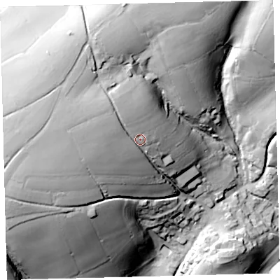 Shaded relief map of the ground around PL210HQ, computed from Environment Agency LiDAR. The ground here sits at about 142 m above sea level and falls 70 m across the surrounding 800 m. Surface water reaching this point runs off ground lying to the west-north-west, 16.1 m higher.