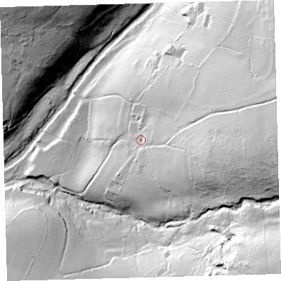 Shaded relief map of the ground around PL210JQ, computed from Environment Agency LiDAR. The ground here sits at about 205 m above sea level and falls 89 m across the surrounding 800 m. Surface water reaching this point runs off ground lying to the east, 55.1 m higher.
