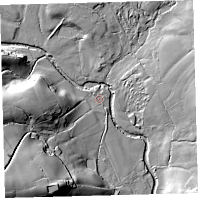 Shaded relief map of the ground around PL210LB, computed from Environment Agency LiDAR. The ground here sits at about 22 m above sea level and falls 59 m across the surrounding 800 m. Surface water reaching this point runs off ground lying to the south-west, 52.8 m higher.