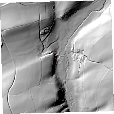 Shaded relief map of the ground around PL210LD, computed from Environment Agency LiDAR. The ground here sits at about 48 m above sea level and falls 61 m across the surrounding 800 m. Surface water reaching this point runs off ground lying to the west, 20.6 m higher.