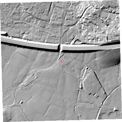 Shaded relief map of the ground around PL210LE, computed from Environment Agency LiDAR. The ground here sits at about 47 m above sea level and falls 45 m across the surrounding 800 m. Surface water reaching this point runs off ground lying to the north-north-east, 10.1 m higher.