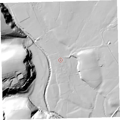 Shaded relief map of the ground around PL210LF, computed from Environment Agency LiDAR. The ground here sits at about 32 m above sea level and falls 62 m across the surrounding 800 m. Surface water reaching this point runs off ground lying to the west-north-west, 1.6 m higher.