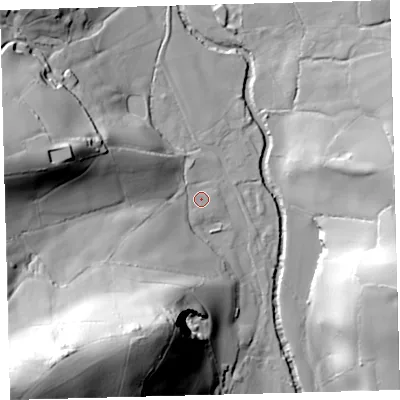 Shaded relief map of the ground around PL210LG, computed from Environment Agency LiDAR. The ground here sits at about 20 m above sea level and falls 101 m across the surrounding 800 m. Surface water reaching this point runs off ground lying to the south-west, 92.6 m higher.