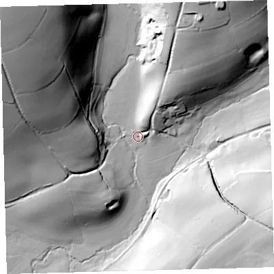 Shaded relief map of the ground around PL210LL, computed from Environment Agency LiDAR. The ground here sits at about 32 m above sea level and falls 87 m across the surrounding 800 m. Surface water reaching this point runs off ground lying to the north-north-east, 40.0 m higher.