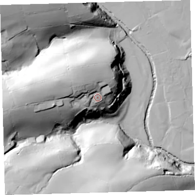 Shaded relief map of the ground around PL210LP, computed from Environment Agency LiDAR. The ground here sits at about 70 m above sea level and falls 82 m across the surrounding 800 m. Surface water reaching this point runs off ground lying to the north-west, 17.6 m higher.