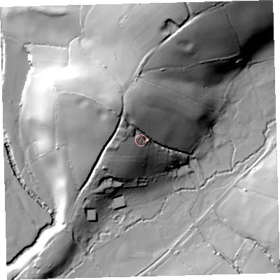 Shaded relief map of the ground around PL210LY, computed from Environment Agency LiDAR. The ground here sits at about 46 m above sea level and falls 57 m across the surrounding 800 m. Surface water reaching this point runs off ground lying to the north-north-west, 15.5 m higher.