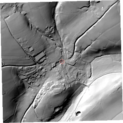 Shaded relief map of the ground around PL210NG, computed from Environment Agency LiDAR. The ground here sits at about 102 m above sea level and falls 80 m across the surrounding 800 m. Surface water reaching this point runs off ground lying to the north-east, 54.1 m higher.