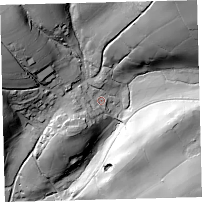 Shaded relief map of the ground around PL210NX, computed from Environment Agency LiDAR. The ground here sits at about 97 m above sea level and falls 81 m across the surrounding 800 m. Surface water reaching this point runs off ground lying to the south-west, 14.1 m higher.