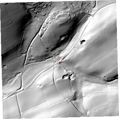 Shaded relief map of the ground around PL210PA, computed from Environment Agency LiDAR. The ground here sits at about 78 m above sea level and falls 88 m across the surrounding 800 m. Surface water reaching this point runs off ground lying to the south-east, 70.1 m higher.