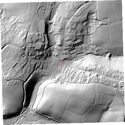 Shaded relief map of the ground around PL210PS, computed from Environment Agency LiDAR. The ground here sits at about 34 m above sea level and falls 54 m across the surrounding 800 m. Surface water reaching this point runs off ground lying to the east-south-east, 44.7 m higher.