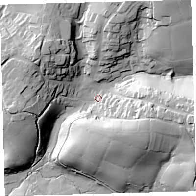 Shaded relief map of the ground around PL210PT, computed from Environment Agency LiDAR. The ground here sits at about 35 m above sea level and falls 54 m across the surrounding 800 m. Surface water reaching this point runs off ground lying to the east-south-east, 41.7 m higher.