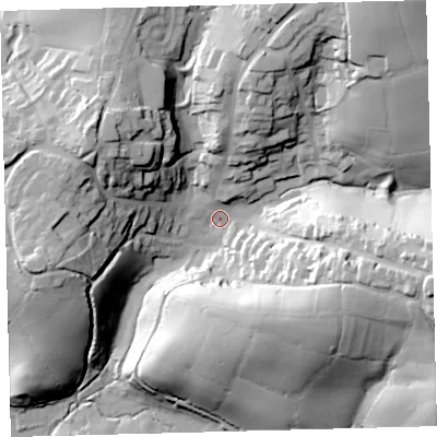 Shaded relief map of the ground around PL210PU, computed from Environment Agency LiDAR. The ground here sits at about 34 m above sea level and falls 53 m across the surrounding 800 m. Surface water reaching this point runs off ground lying to the east-south-east, 43.7 m higher.