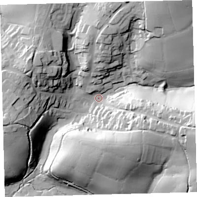 Shaded relief map of the ground around PL210PY, computed from Environment Agency LiDAR. The ground here sits at about 34 m above sea level and falls 57 m across the surrounding 800 m. Surface water reaching this point runs off ground lying to the east-south-east, 46.8 m higher.