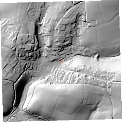 Shaded relief map of the ground around PL210PZ, computed from Environment Agency LiDAR. The ground here sits at about 35 m above sea level and falls 59 m across the surrounding 800 m. Surface water reaching this point runs off ground lying to the north-east, 40.4 m higher.