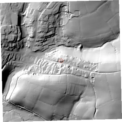 Shaded relief map of the ground around PL210QA, computed from Environment Agency LiDAR. The ground here sits at about 59 m above sea level and falls 66 m across the surrounding 800 m. Surface water reaching this point runs off ground lying to the east-south-east, 37.5 m higher.