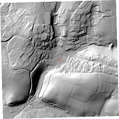 Shaded relief map of the ground around PL210QJ, computed from Environment Agency LiDAR. The ground here sits at about 32 m above sea level and falls 51 m across the surrounding 800 m. Surface water reaching this point runs off ground lying to the east-south-east, 42.2 m higher.