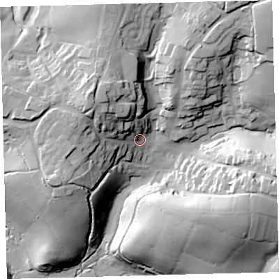 Shaded relief map of the ground around PL210QR, computed from Environment Agency LiDAR. The ground here sits at about 38 m above sea level and falls 52 m across the surrounding 800 m. Surface water reaching this point runs off ground lying to the north-west, 29.3 m higher.