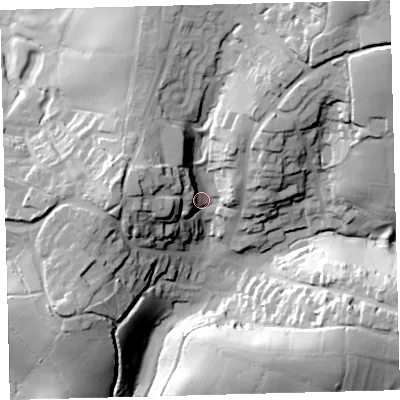 Shaded relief map of the ground around PL210RF, computed from Environment Agency LiDAR. The ground here sits at about 43 m above sea level and falls 55 m across the surrounding 800 m. Surface water reaching this point runs off ground lying to the north-east, 36.1 m higher.