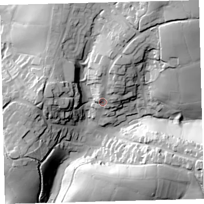 Shaded relief map of the ground around PL210RG, computed from Environment Agency LiDAR. The ground here sits at about 47 m above sea level and falls 55 m across the surrounding 800 m. Surface water reaching this point runs off ground lying to the north-east, 37.4 m higher.