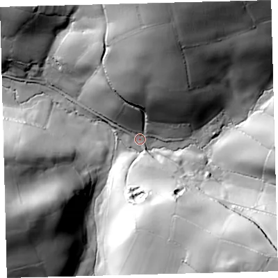 Shaded relief map of the ground around PL210SR, computed from Environment Agency LiDAR. The ground here sits at about 35 m above sea level and falls 67 m across the surrounding 800 m. Surface water reaching this point runs off ground lying to the south-east, 61.5 m higher.