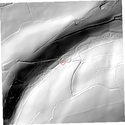 Shaded relief map of the ground around PL210TF, computed from Environment Agency LiDAR. The ground here sits at about 14 m above sea level and falls 106 m across the surrounding 800 m. Surface water reaching this point runs off ground lying to the east-south-east, 98.4 m higher.