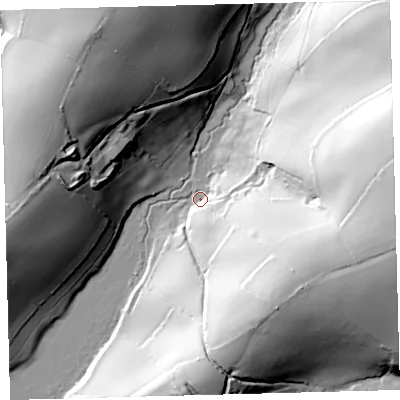 Shaded relief map of the ground around PL210TG, computed from Environment Agency LiDAR. The ground here sits at about 3 m above sea level and falls 80 m across the surrounding 800 m. Surface water reaching this point runs off ground lying to the east-south-east, 65.3 m higher.