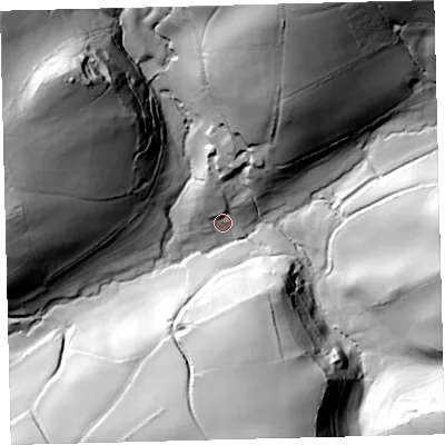 Shaded relief map of the ground around PL210TU, computed from Environment Agency LiDAR. The ground here sits at about 41 m above sea level and falls 68 m across the surrounding 800 m. Surface water reaching this point runs off ground lying to the north-north-east, 56.9 m higher.