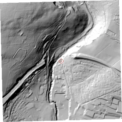 Shaded relief map of the ground around PL210US, computed from Environment Agency LiDAR. The ground here sits at about 84 m above sea level and falls 139 m across the surrounding 800 m. Surface water reaching this point runs off ground lying to the north-west, 123.9 m higher.